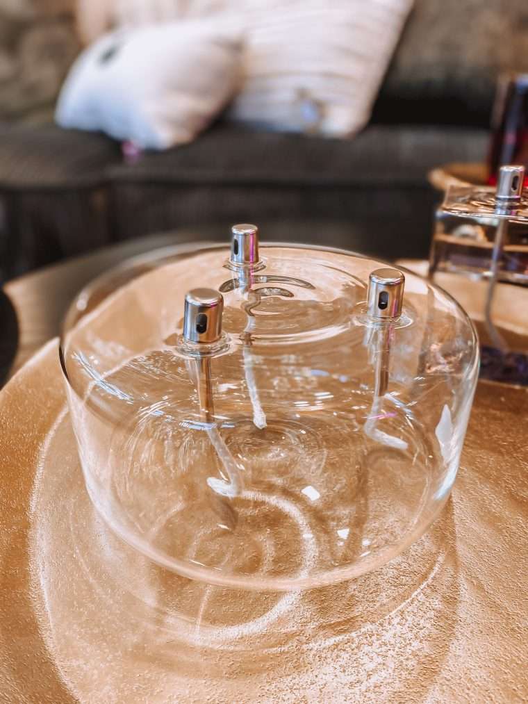 Lampe à huile forme ronde transparente avec 3 mèches