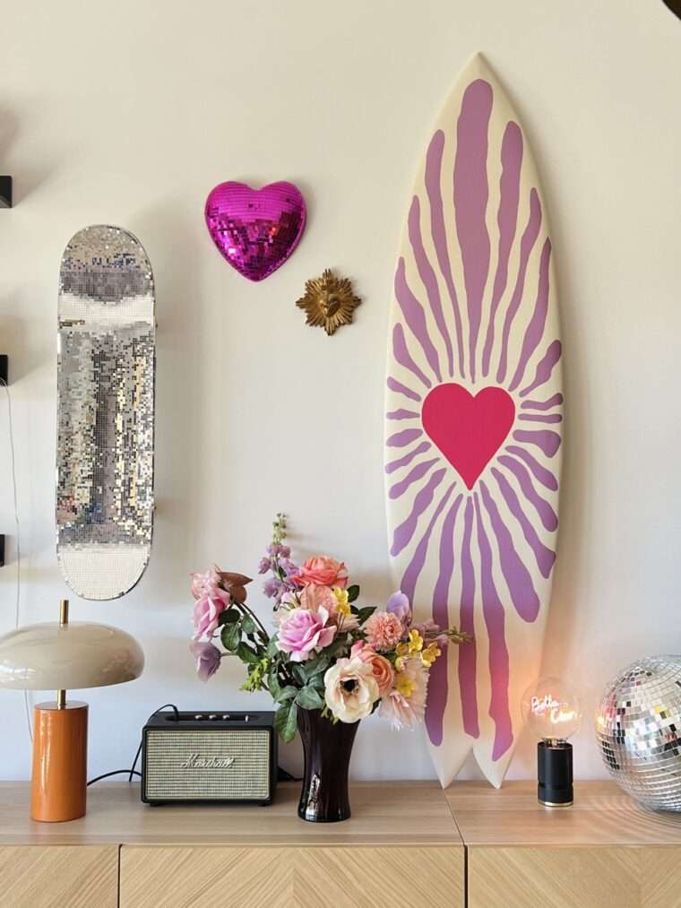 planche de surf deco decorative decoration coeur heart soleil fait main peinture message maloha
